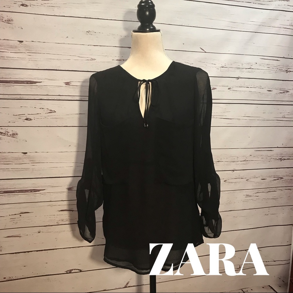ZARA Black Sheer Roll Tab Blouse